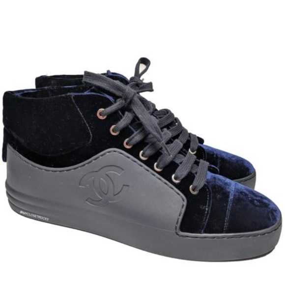 CHANEL Shoes - Chanel Blue Velvet 18P Hightop Sneakers